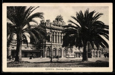 Ansichtskarte Genova, Stazione Brignole con palme e tram, Straßenbahn 