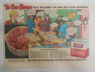 Armour's Treat Ad: Treet Welcomes New Neighbor! from 1945 Size: 7.5  x 10 inches