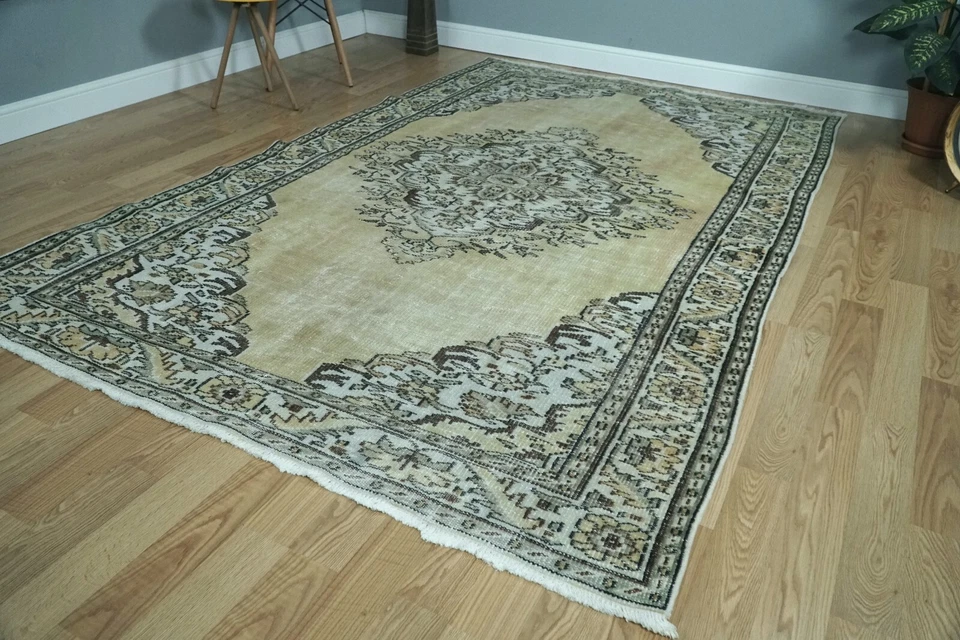 Wool Woven Boho Turkish Rug, Vintage 6x9 Pastel Yellow Rug, 5.94x9.12 ft. H-2806 - Image 2 of 4