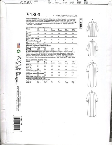 Vogue V1803 Misses L to XXL Loose Fitting Bias Cut Dress UNCUT Sewing Pattern - Picture 2 of 2