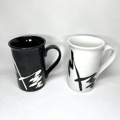 Pair Asian Calligraphy Abstract Mugs Black White Embossed His Hers Wedding Gift