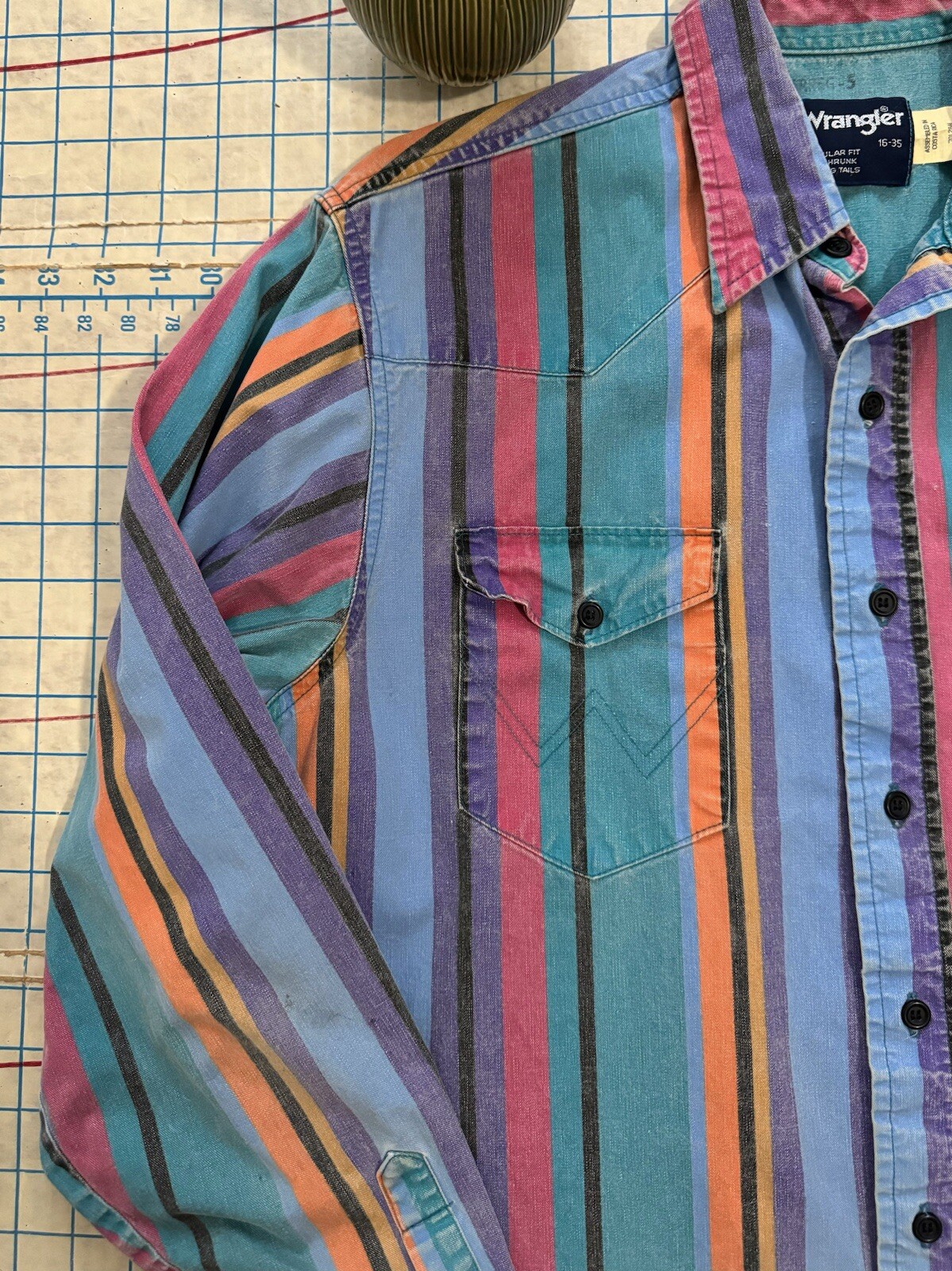 Vintage Wrangler Brushpopper Vertical Striped Button Up Shirt 16-35 Fits Men’s L image 6