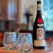 Vintage Mexican Etched Glass, Rose Ann Hall Condessa  Clear Stemless Wine Glass