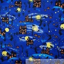 BonEful Fabric FQ Cotton Quilt Blue Scenic Halloween Haunted House Pumpkin Star