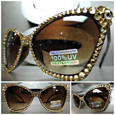 CLASSIC VINTAGE RETRO CAT EYE SUN GLASSES Tortiose Frame Handmade Gold Crystals