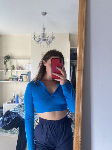 Zara Long Sleeve Blue Collared Crop Top Size Small | eBay