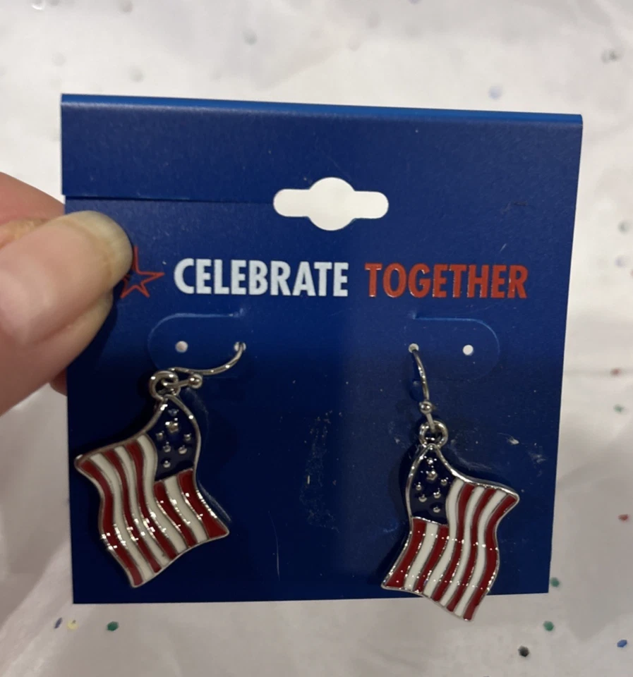 Lote de 3 Pendientes Patrióticos Aro y Colgante Esmalte Rojo Blanco Azul Foto 4 de 4