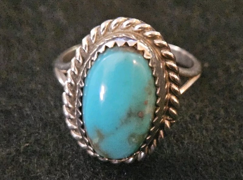 TT STERLING Stamped: Vintage; Navajo Native-Royston Turquoise, Size 6.5 Ring 