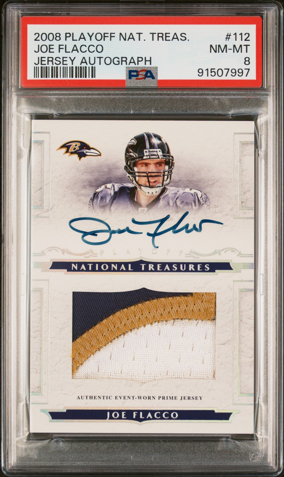 JOE FLACCO 2008 PLAYOFF NAT TREASURE JSY AUTO #112 98/99 PSA 8 