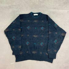 Vintage Abstract Knitted Jumper Patterned Grandad Chunky Knit Sweater Men's M