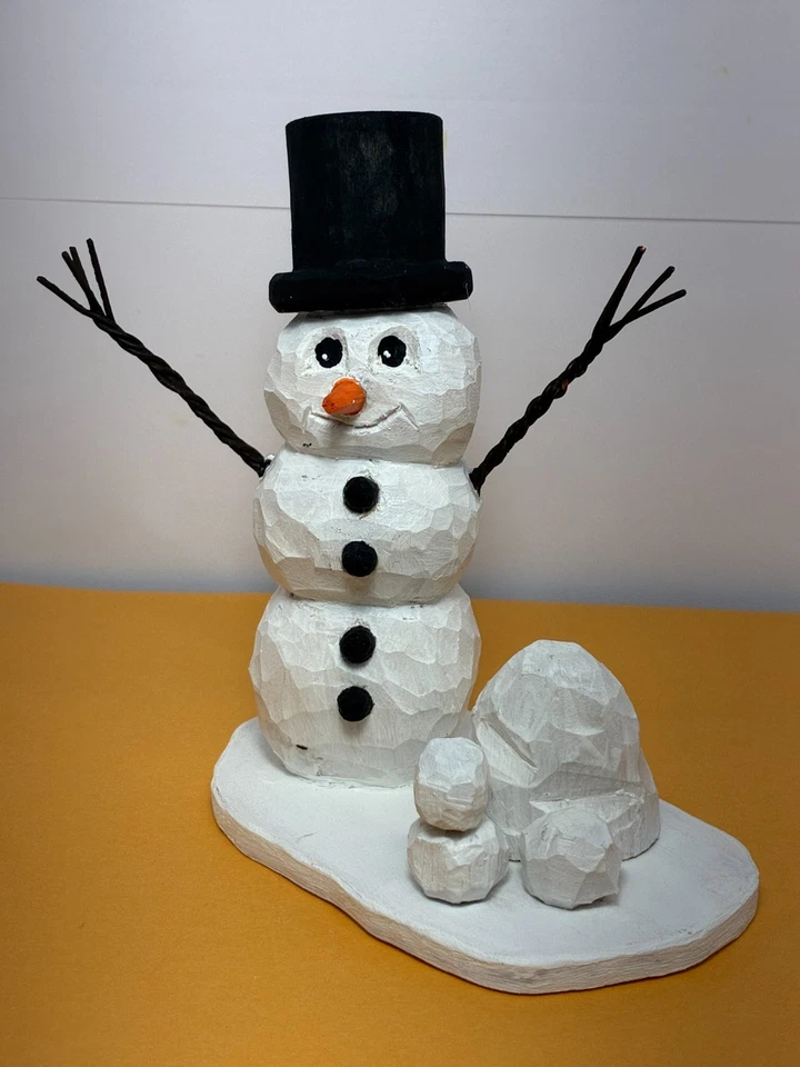 Classic Hand Carved Winter Snowman with Top Hat - Caricature Table Ornament - Image 3 of 4