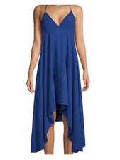 Halston Heritage Blue Halter Neck Crepe Asymmetrical Handkerchief Hem Dress Sz 4