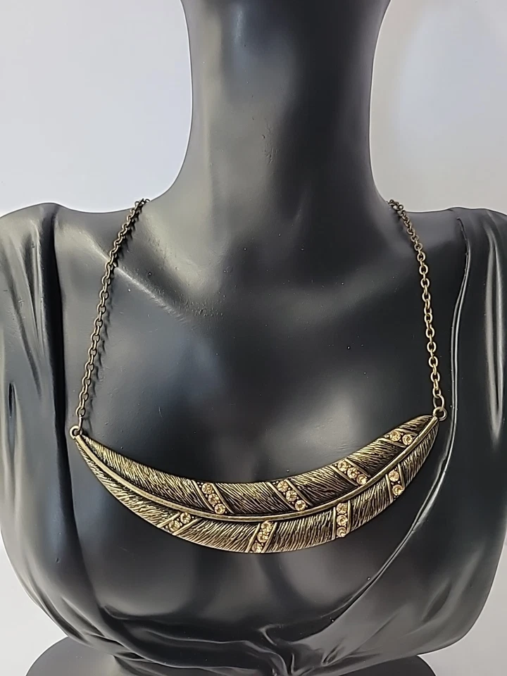 Collar Colgante Pluma Tono Bronce Cristales Naranja Joyería Disfraz Vintage Foto 2 de 4