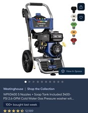 Westinghouse WPX3400 Gas Pressure Washer 3400 PSI, 2.6 Max GPM, Onboard Soap
