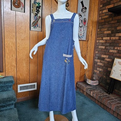 Vtg Nerdy 90s Embroidered Birds Denim Homeschool Modest Hippie Jumper Dress L