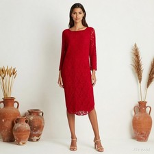 Evening Romantic Midi Dress Red Lace Pencil Sleeve Cocktail Party Oasis US 12