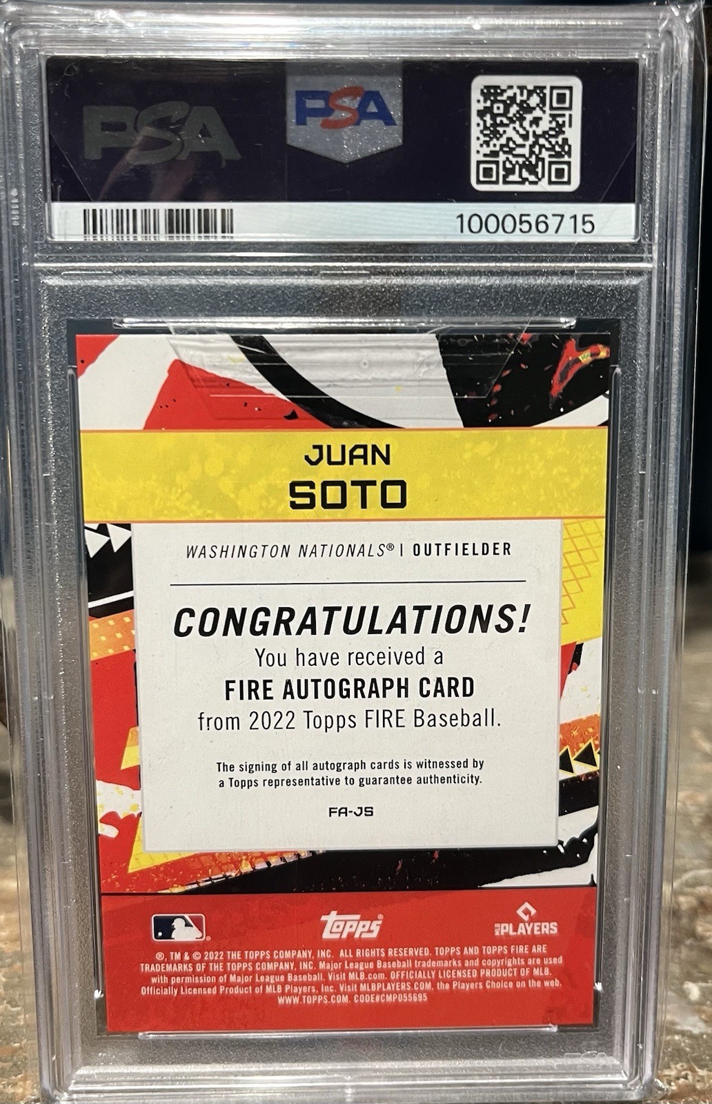 2022 Topps Fire - Juan Soto #200 Auto PSA 10 Gem Mint view 2