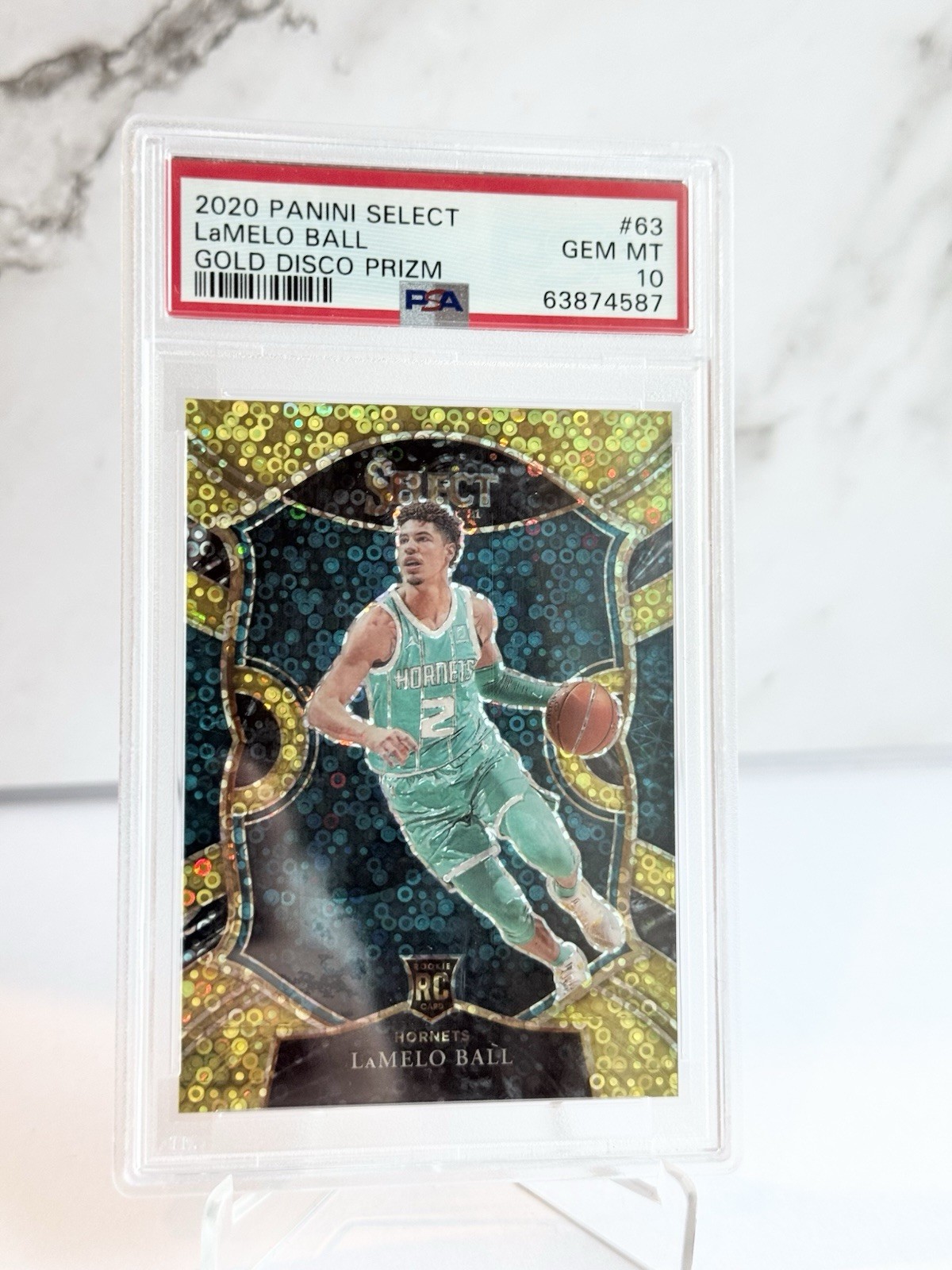2020 SELECT LAMELO BALL #63 GOLD DISCO PRIZM RC ROOKIE #07/10 PSA 10 MINT