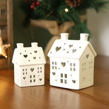LED House Ceramic Hut Set Small Medium Pair White Village Scene Heart Cut Decor