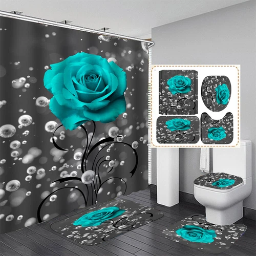Red Rose Bathroom Non-slip Mat Set Waterproof Shower Curtain Toilet Bath Mat - Bild 38 von 40