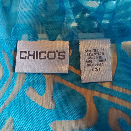 Chico's Talla 1 Camisa Chaqueta Cazadora Líneas Abstractas Transparente Artística Abotonada Azul - Imagen 2 de 12
