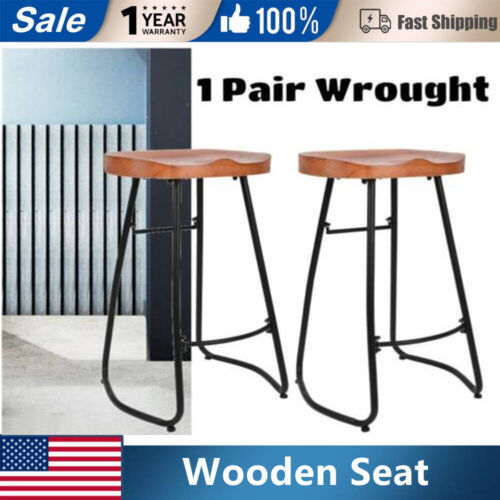 2 Industrial Design Rustic Round Wooden Bar Pub Stools Chairs Seats Home Kitchen