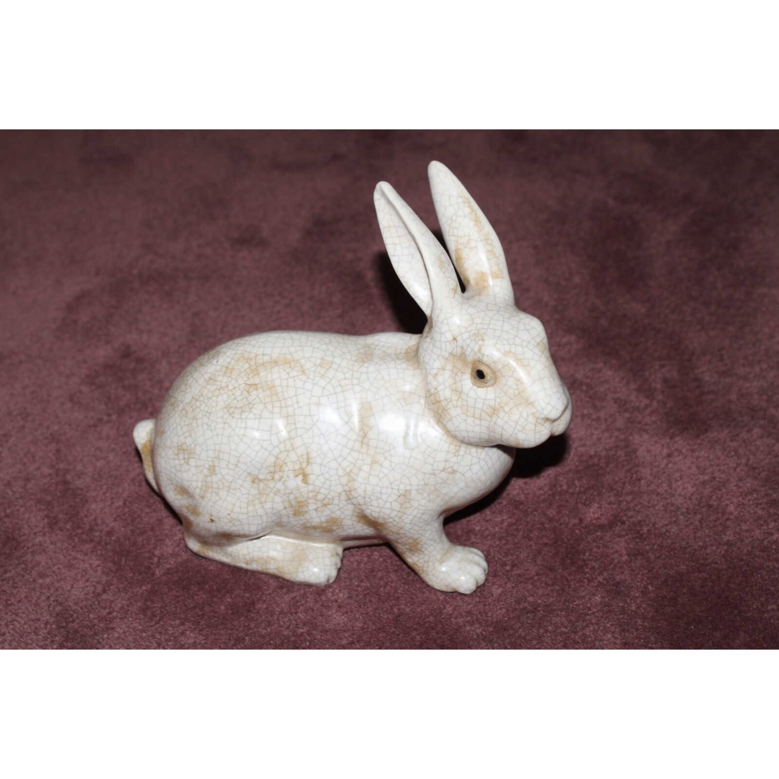 Vintage Pottery Bunny Rabbit White Crackle Glaze French Ceramic Figurine Signed