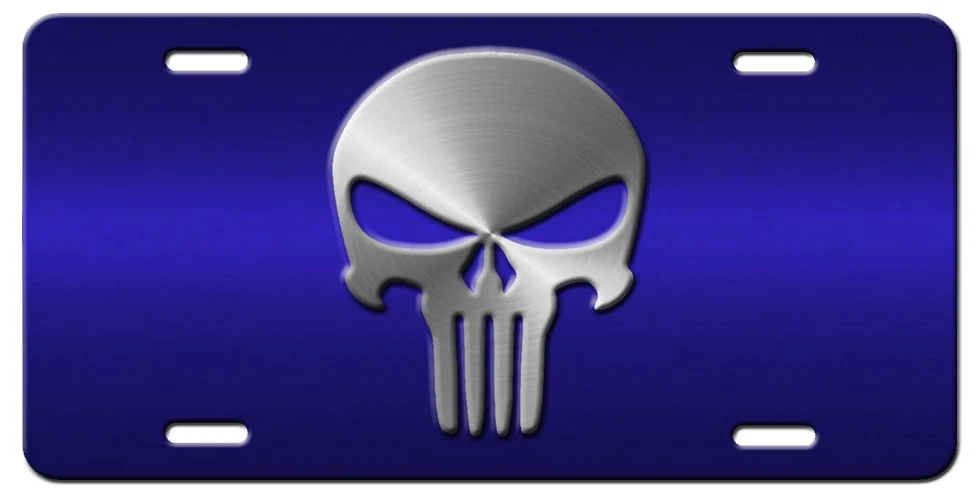 Punisher Skull Vanity Novelty Aluminum License Plate Tag New Blue Silver - Picture 1 of 4