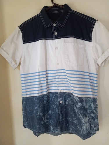 Vintage Herren Decibel Weiß Blau Button Down Kurzarm Hemd Baumwolle Größe L