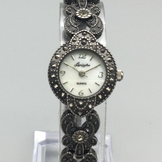 Vintage Sterling Silver Lexington Marcasite Gem and MOP Wrist Watch Lexington Watch Women 23mm Silver Tone Marcasite MOP Dial  main image 3