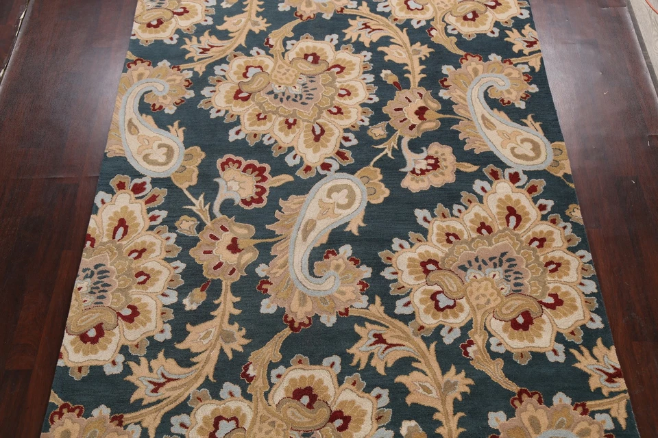 Tapete de área oriental floral tradicional verde escuro tapete de lã tufado à mão 8x11 pés - Imagem 3 de 4