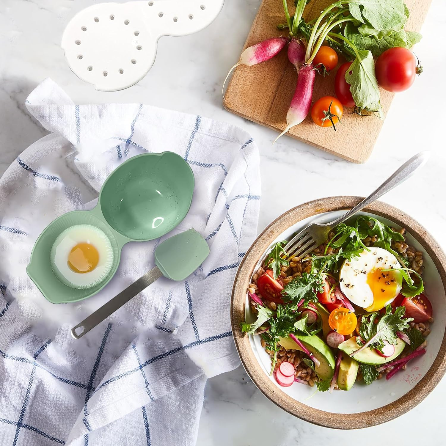 2-Cavity Silicone Microwave Egg Poacher Cooker with Lid & Handle - Dishwasher Sa