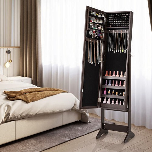 Mirrored Standing Jewelry Cabinet Storage Box-Rustic Brown - Color: Rustic Brown - Picture 3 of 5