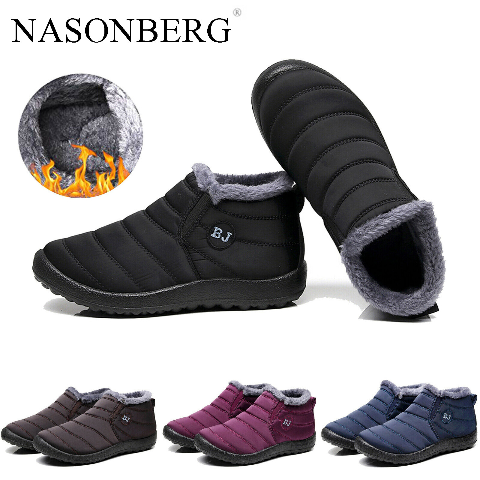 Mens Waterproof Womens Winter Snow Ankle Boots Fur Lined Slip On Outdoor Shoes