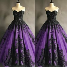 Vintage Gothic Black and Purple Wedding Dresses Sweetheart Lace Appliques Bridal