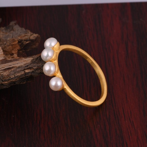 Multi Pearl Silver Ring, Gold Plated Stackable Pearl Ring Multi Stone Women Band - Picture 2 of 9
