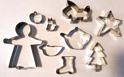 Lot of 9 Vintage Cookie Cutters Aluminum - Star Tree Pumpkin Cat Scottie & More