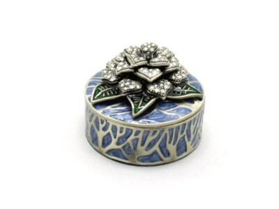 Blue Deco Enamel and Crystal Flower Jewelry Trinket Box ~ Gift Idea!