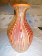 Vintage HEAVY over 8 pounds/TALL 12" Striped Orange Murano Style Art Glass Vase