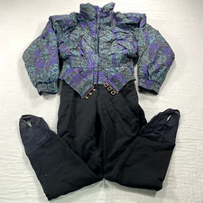 VTG Tyrolia Ski Bib Womens Size 6 Black Blue Full Body Suit Down Fill Jacket 80s