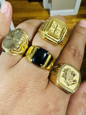 Solid 18K 18C 750 Real UAE Gold Black Stone Ring Size 9.5/10