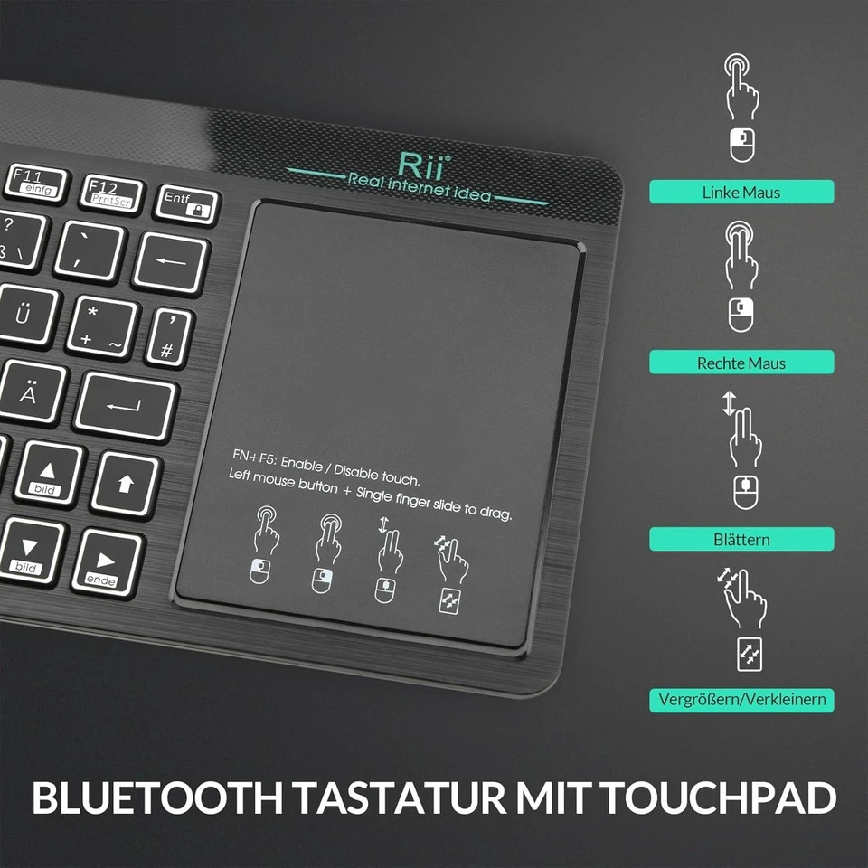 Bluetooth 5.0 Tastatur mit Trackpad | 2-LED-Beleuchtung | Deutsches Layout - Bild 3 von 4