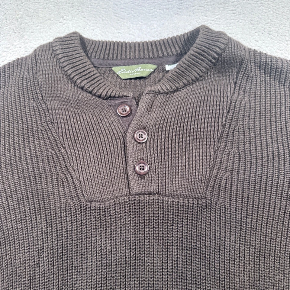Vintage Y2K Eddie Bauer Mens XL Sweater Brown Ribbed Knit Cotton Henley - Image 3 of 4