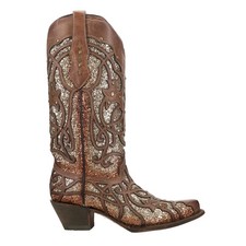 Corral Boots Glitter TooledInlay Pull On Snip Toe Cowboy Womens Brown Dress Boo