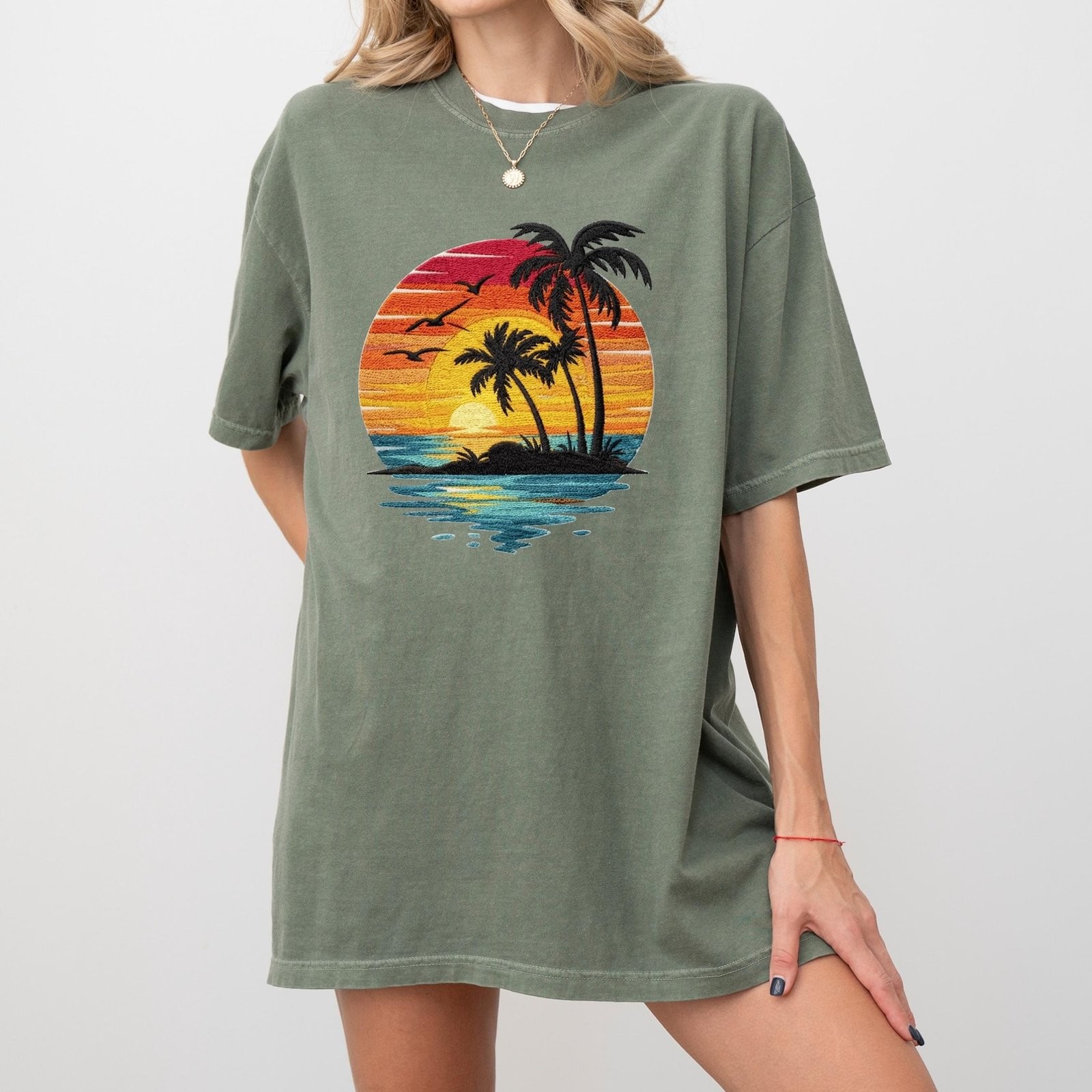 Sunset Beach Tropical Palm Tree Graphic Tee Mens Womens Vintage Summer Vacation