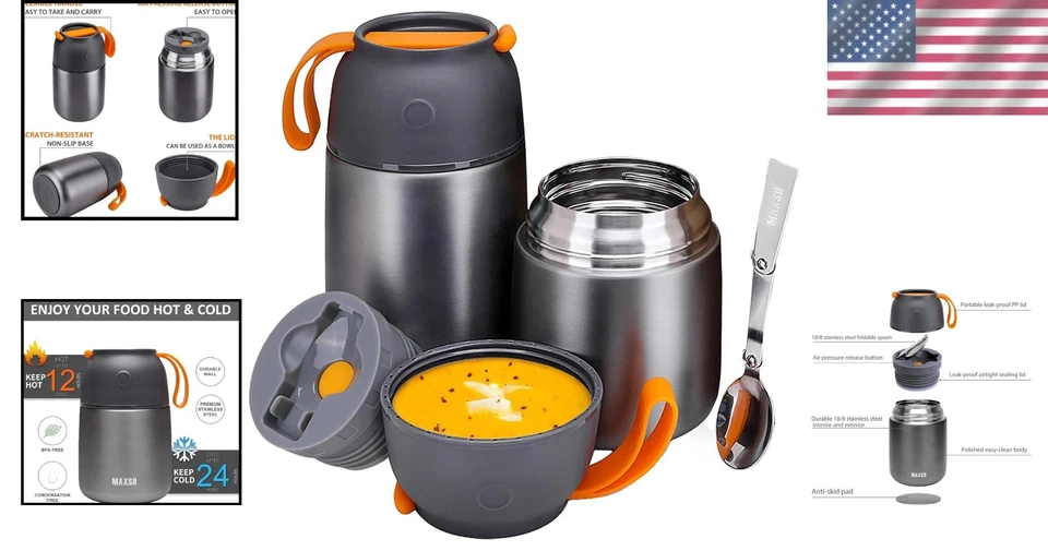 Contenedor de comida aislante con cuchara y tenedor paquete de 2 Foto 2 de 4