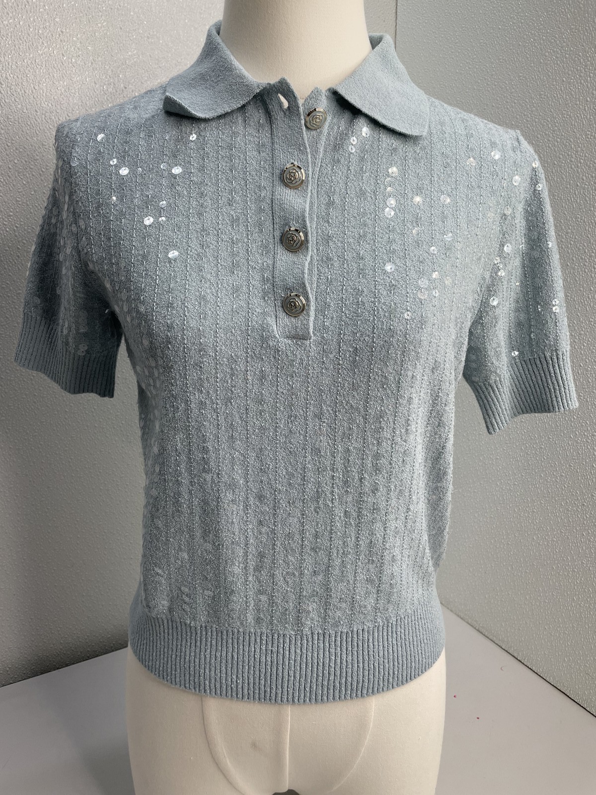Marella Womens Polo Light Blue Diadema Sequin Knit Short Sleeve Cotton*PREOWNED*