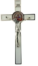 8 Inch Silver Tone, White Enamel Wall Cross Crucifix, Catholic Home, Religious