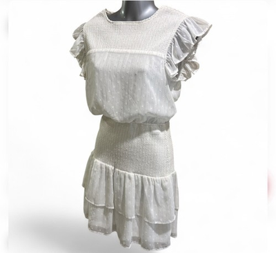 #ad #ad $218 Aqua Women White Texture Ruffled Short Sleeve Crew Neck Sheath Dress Size S $38.00