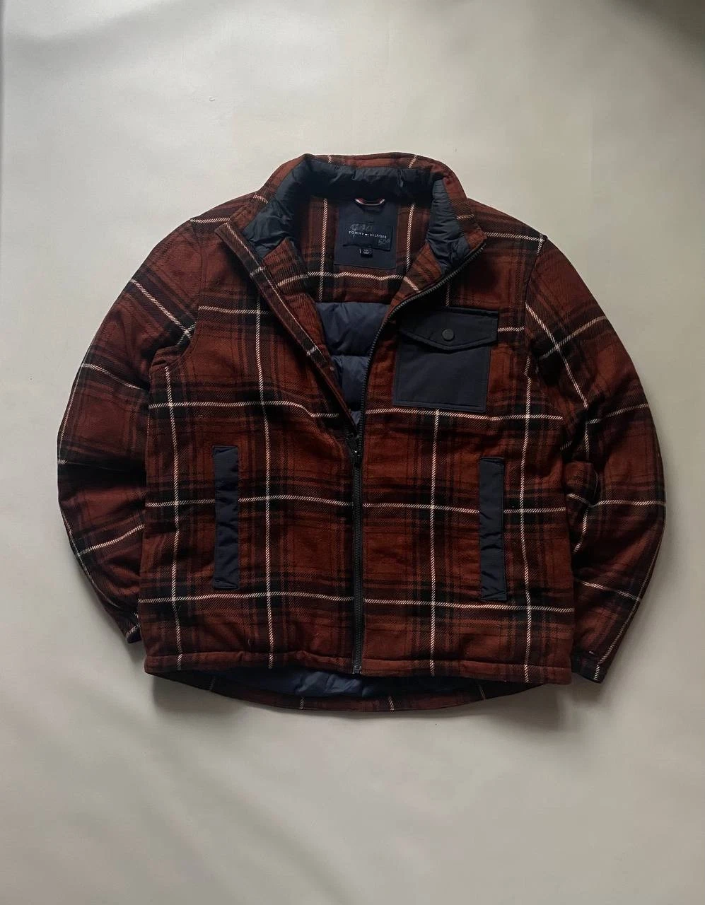 Tommy Hilfiger Men's Plaid Puffer Jacket Insulated Down Blend Red Navy